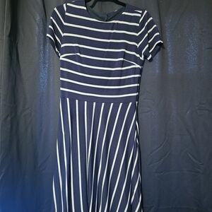 LOFT Navy and Cream Striped Midi Dress